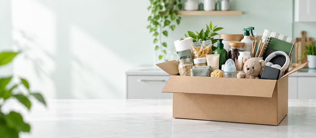 Demo marketplace delivery box with household and lifestyle products